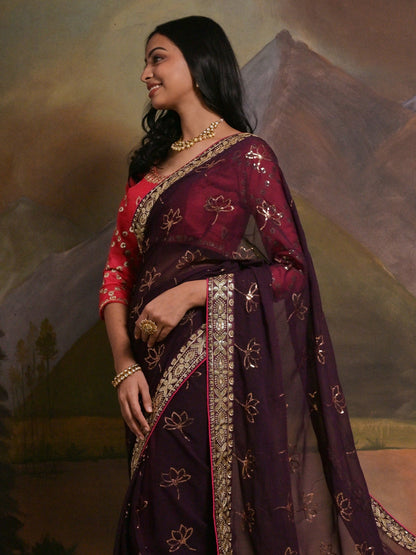 Women's Georgette Burgundy Embellished Designer Saree With Blouse Piece