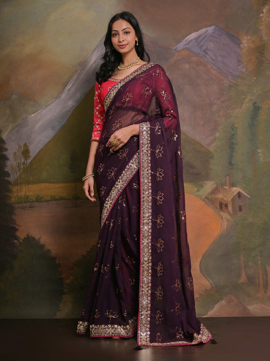 Women's Georgette Burgundy Embellished Designer Saree With Blouse Piece