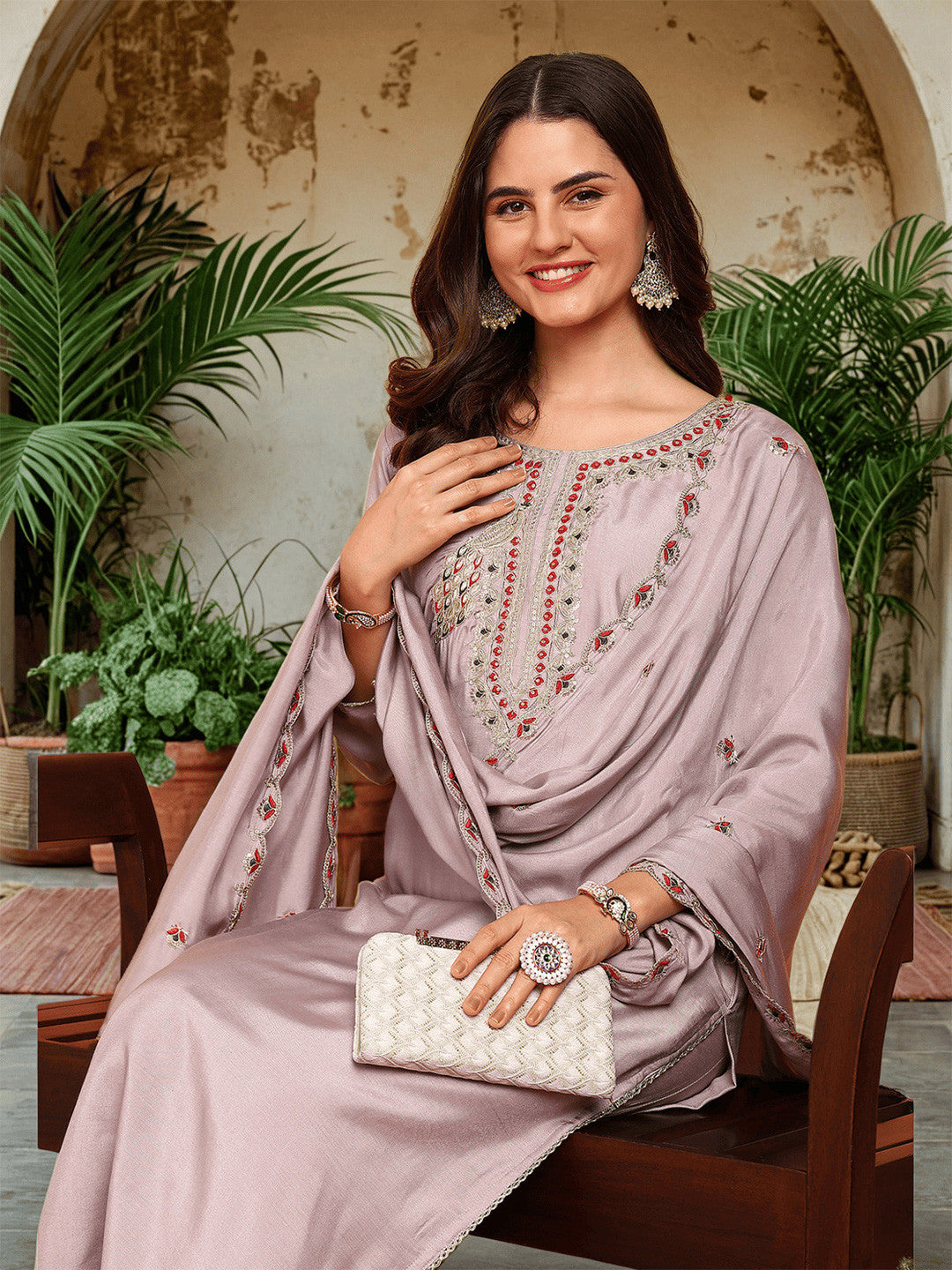 Women Floral Embroidered Pure Silk Straight Kurta With Trousers & Dupatta