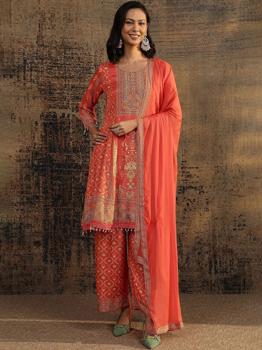 Women Ethnic Motifs Printed Empire Thread Work Kurta with Palazzos & With Dupatta