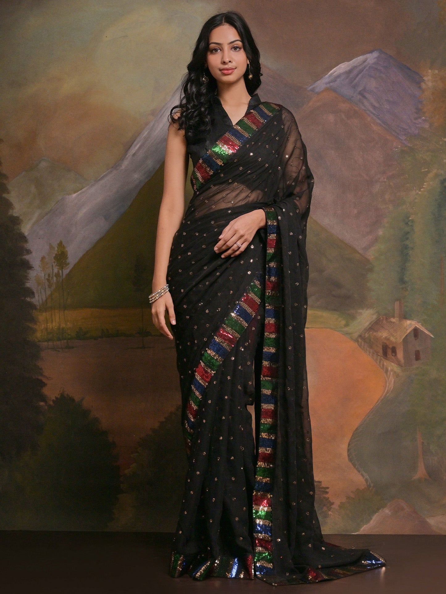 Women's Georgette Black Embellished Designer Saree With Blouse Piece