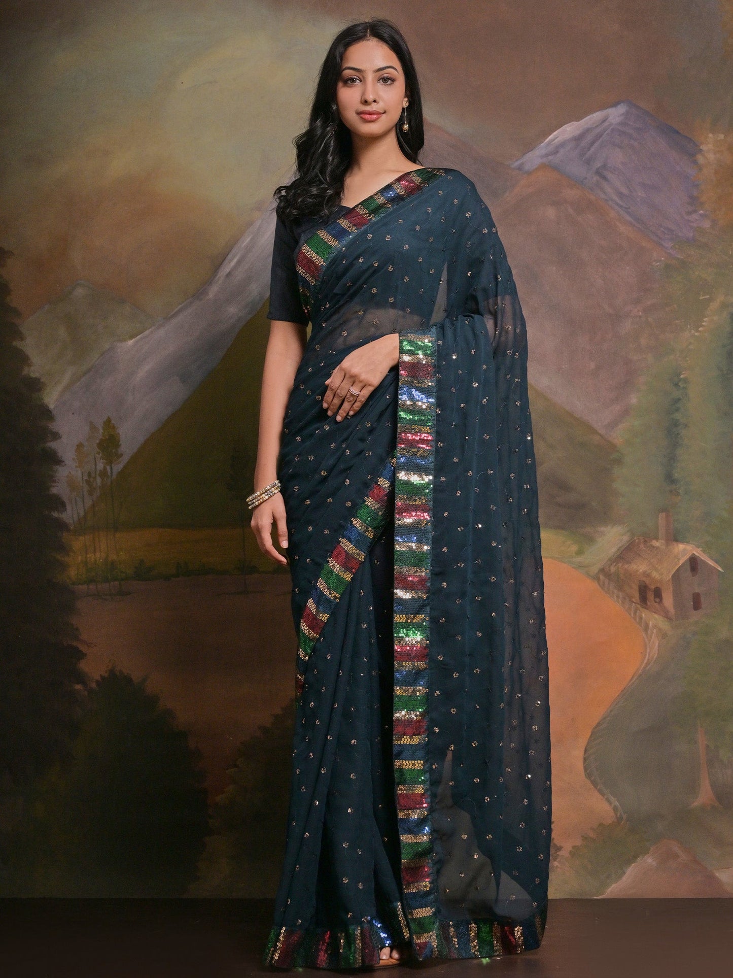 Women's Georgette Teal blue Embellished Designer Saree With Blouse Piece