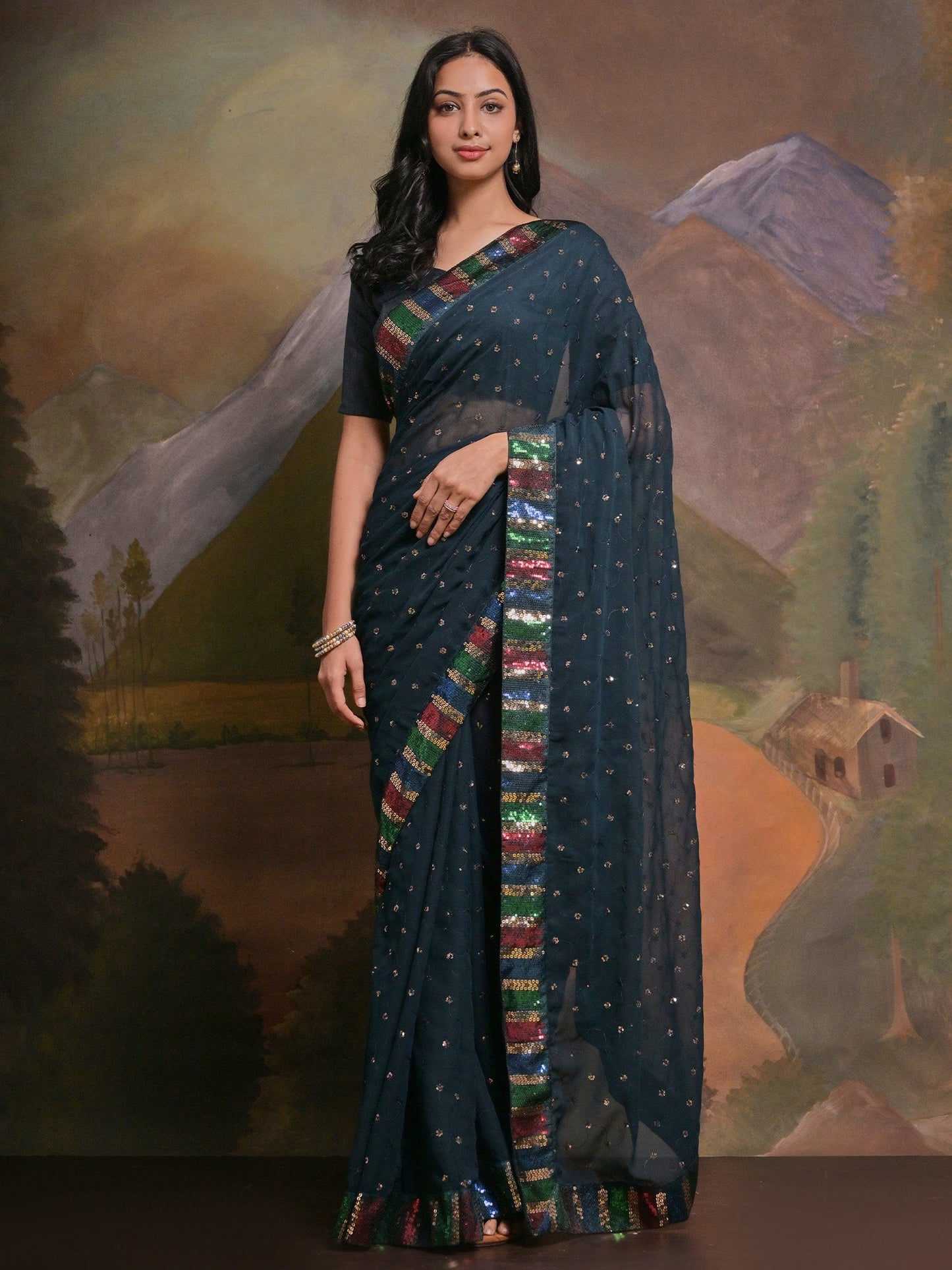 Women's Georgette Teal blue Embellished Designer Saree With Blouse Piece