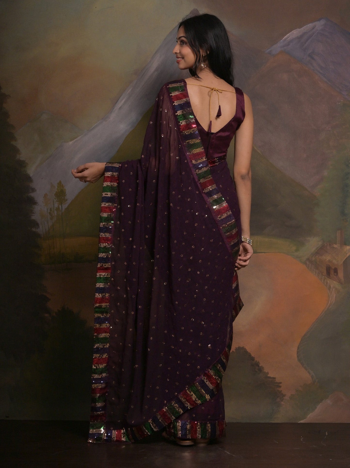 Women's Georgette Purple Embellished Designer Saree With Blouse Piece