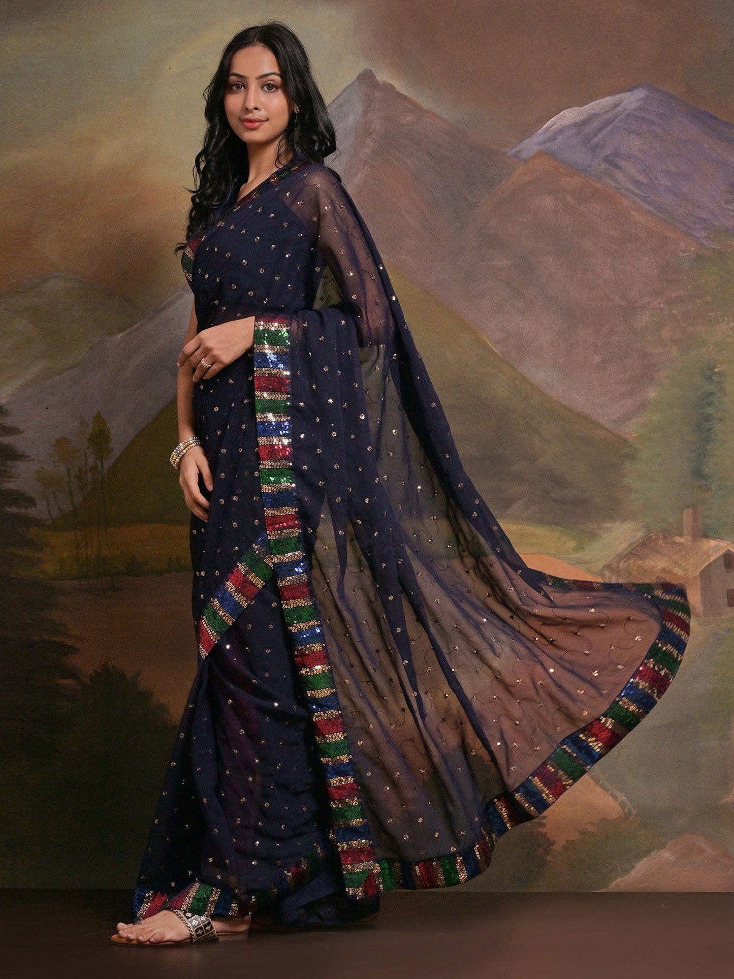 Women's Georgette Navy Blue Embellished Designer Saree With Blouse Piece
