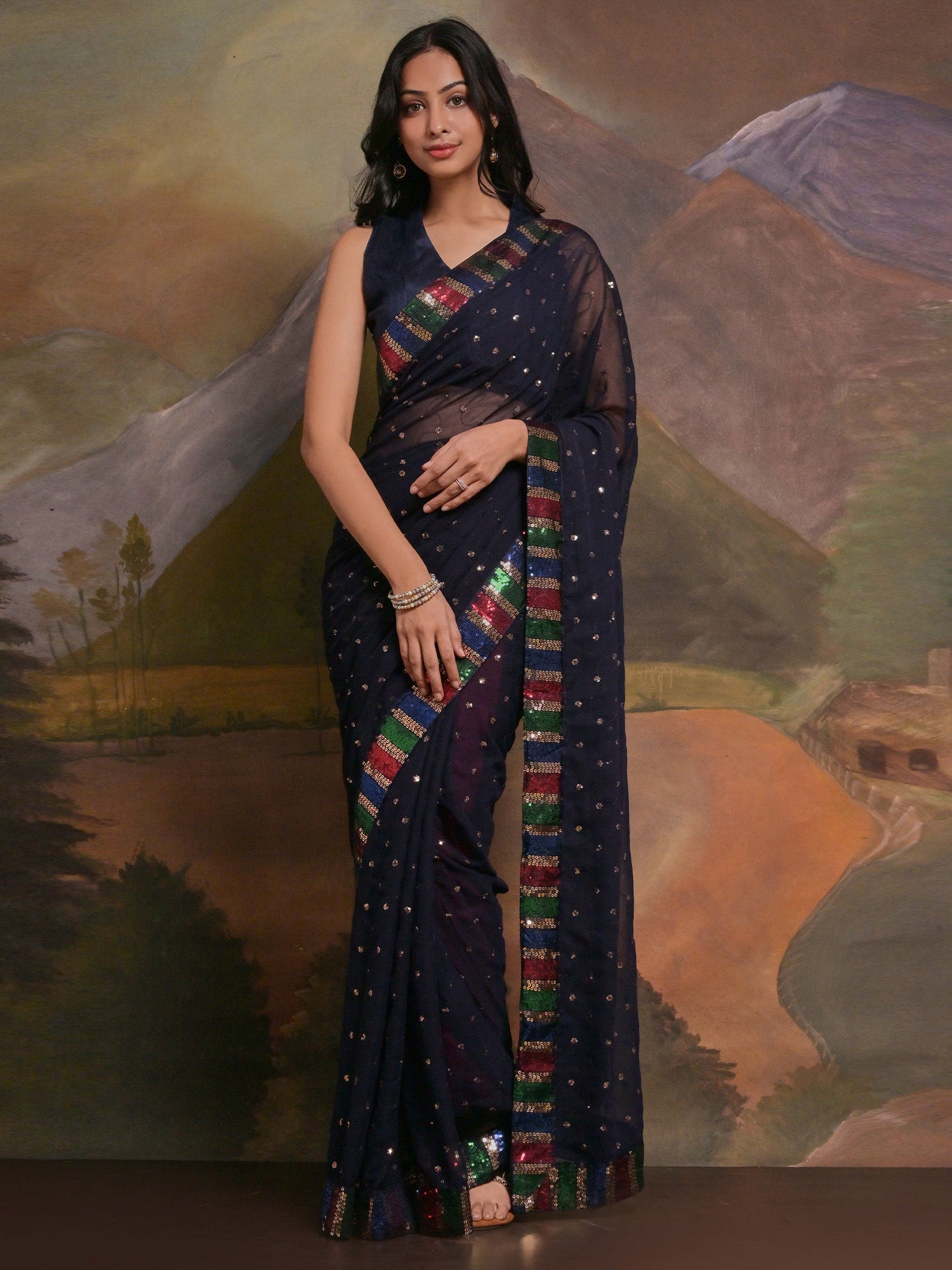 Women's Georgette Navy Blue Embellished Designer Saree With Blouse Piece