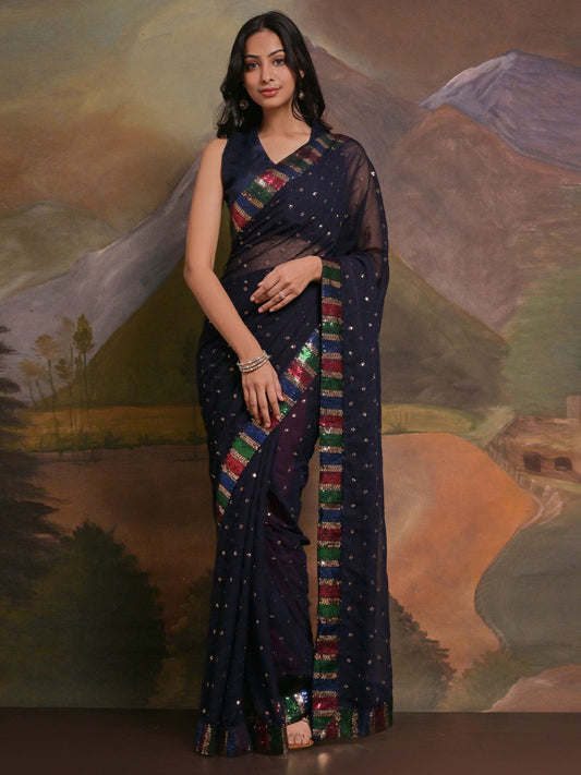 Women's Georgette Navy Blue Embellished Designer Saree With Blouse Piece