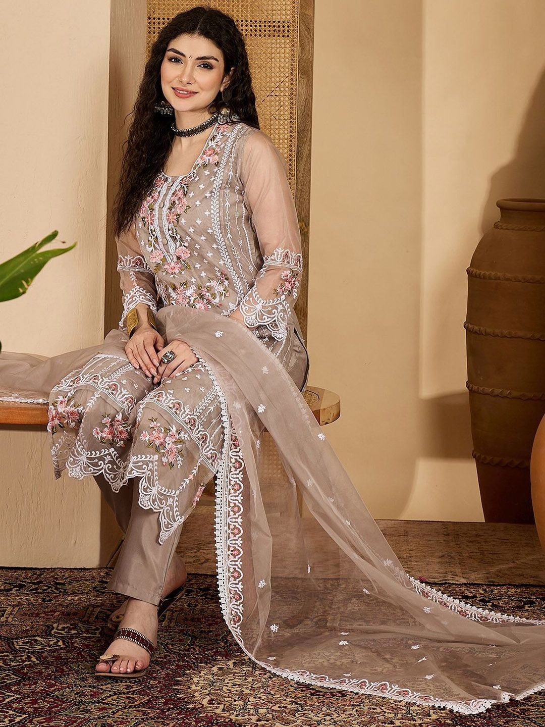 Embroidered Kurta With Trousers & Embroidered Dupatta