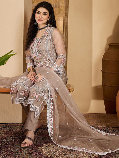 Embroidered Kurta With Trousers & Embroidered Dupatta