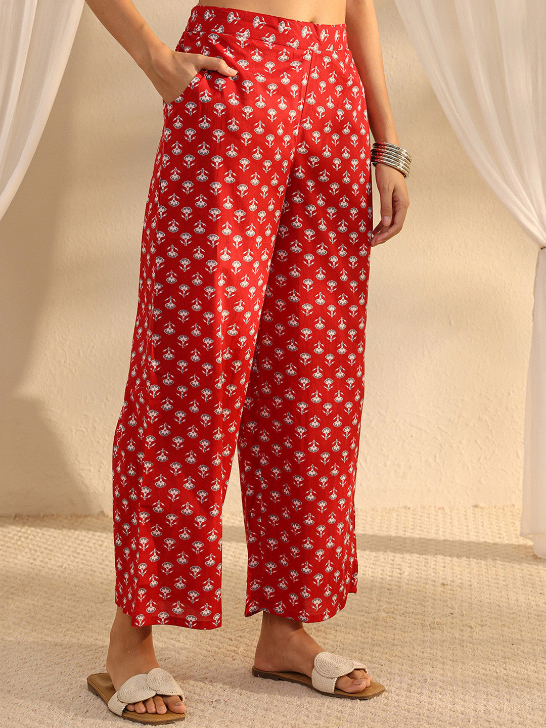 Maroon Floral Printed Cotton A-Line Kurta Set