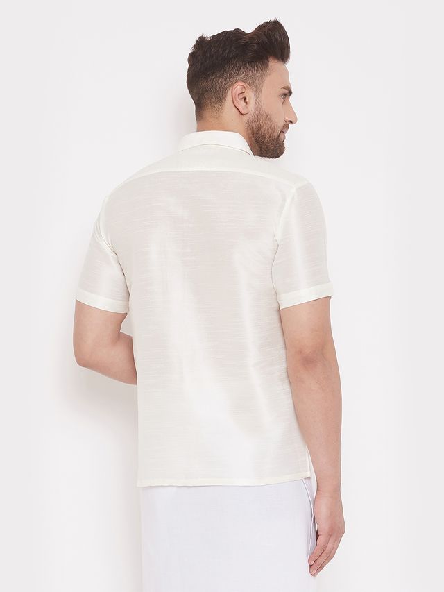 Men's Cream Silk Blend Straight Shirt And Mundu