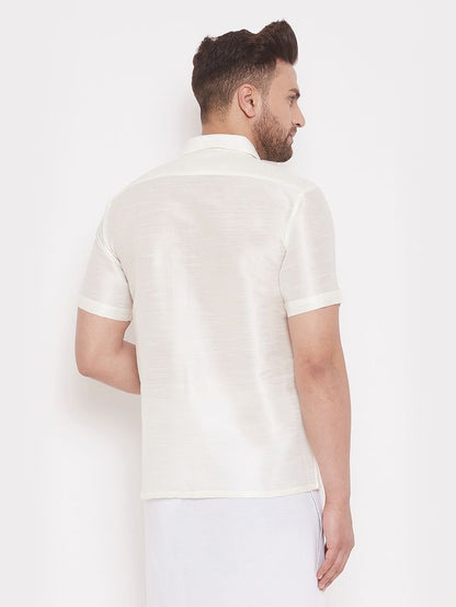 Men's Cream Silk Blend Straight Shirt And Mundu