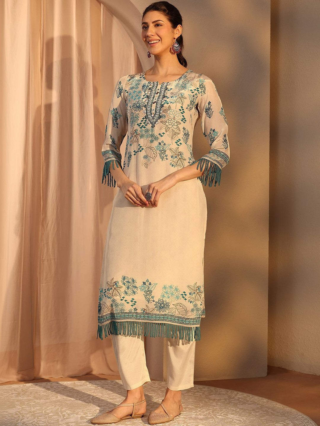 Off White Floral Printed Crepe Straight Suit Set With Dupatta