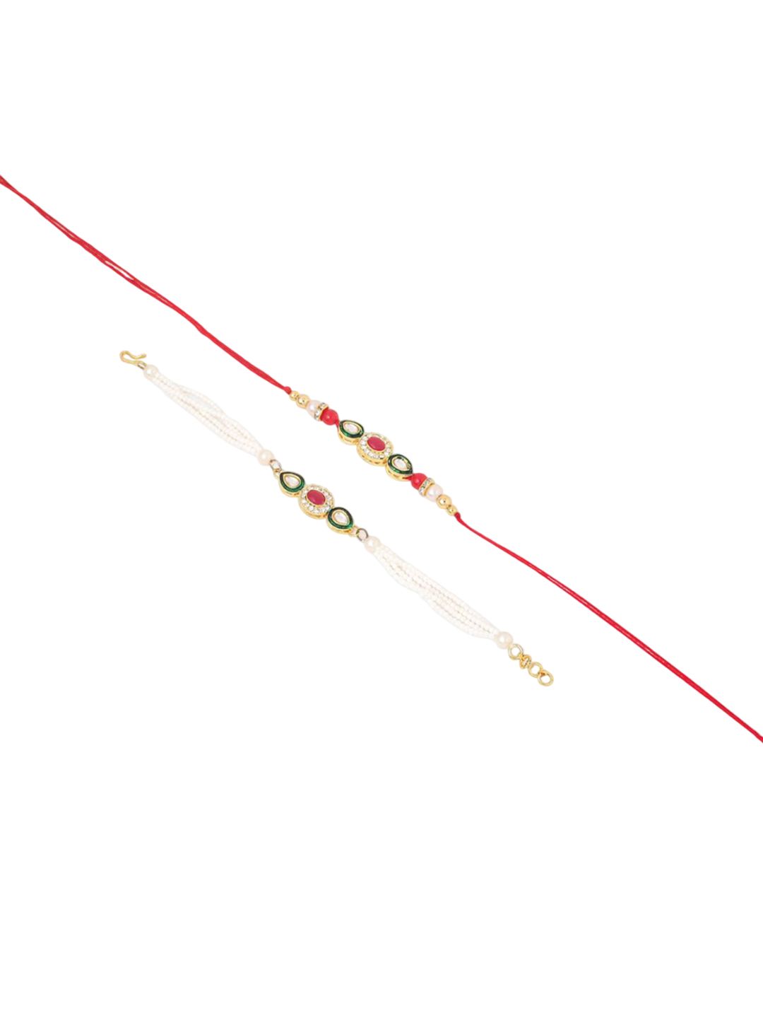 Dhiyona Set Of 2 Multicolor Oval Shape Kundan Studded & Beads Bhaiya Bhabhi Rakhi