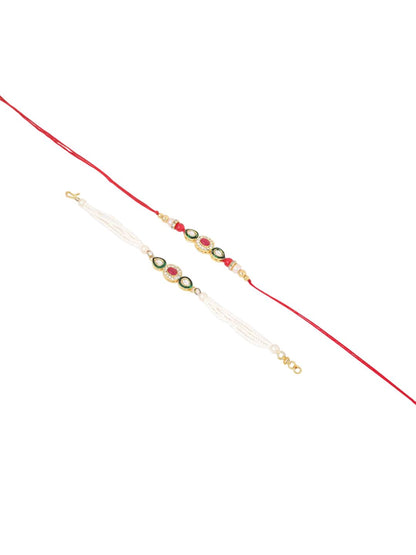 Dhiyona Set Of 2 Multicolor Oval Shape Kundan Studded & Beads Bhaiya Bhabhi Rakhi