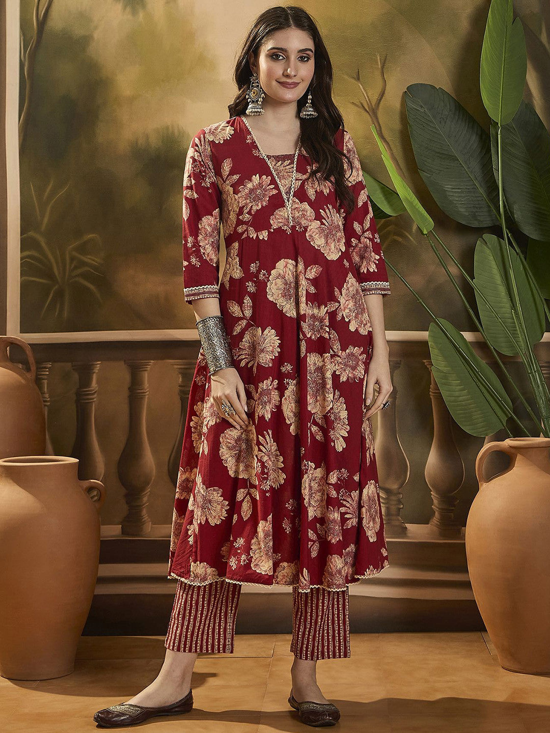 Floral Printed Pure Cotton Anarkali Kurta With Trouser & Dupatta