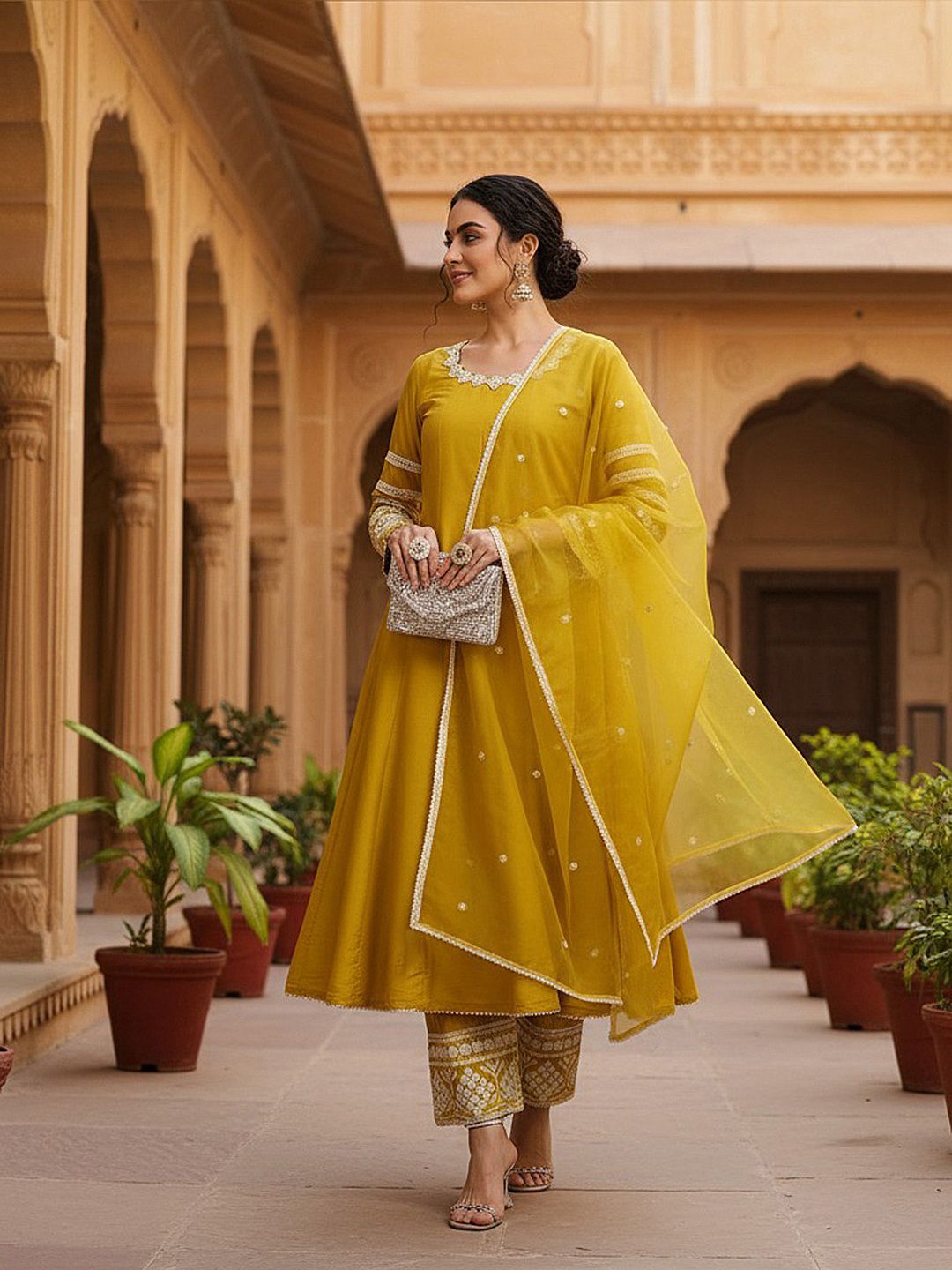Dhiyona KL Embroidered Thread Work Kurta with Palazzos & Dupatta