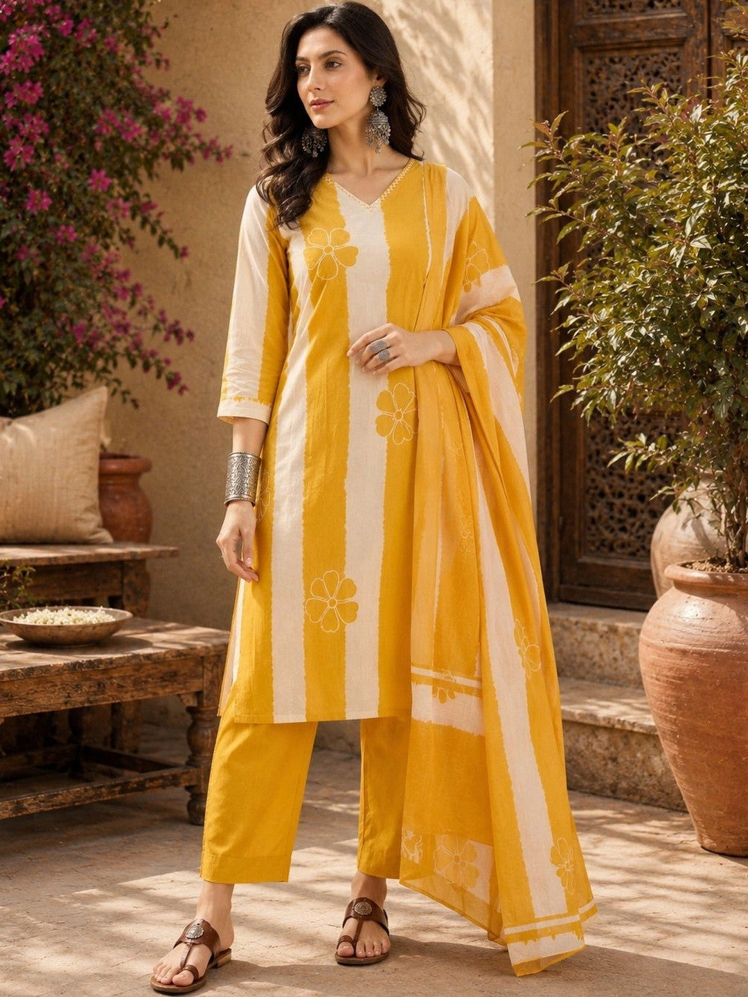 Women Floral Printed Regular Pure Cotton Kurta with Trousers & With Dupatta