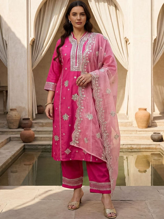 Dhiyona Women's Ethnic Motifs Embroidered Regular Thread Work Kurta with Trousers & With Dupatta