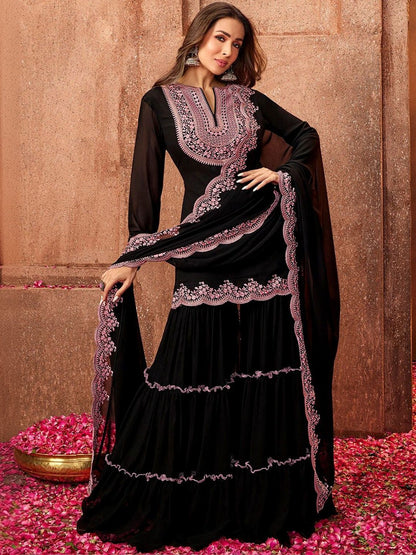 Dhiyona KL Women Ethnic Motifs Embroidered Regular Thread Work Kurta with Sharara & With Dupatta