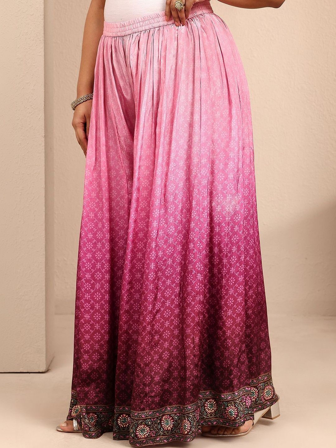 Dhiyona Women's Ethnic Motifs Printed Regular Thread Work Silk Crepe Kurta with Palazzos & With
