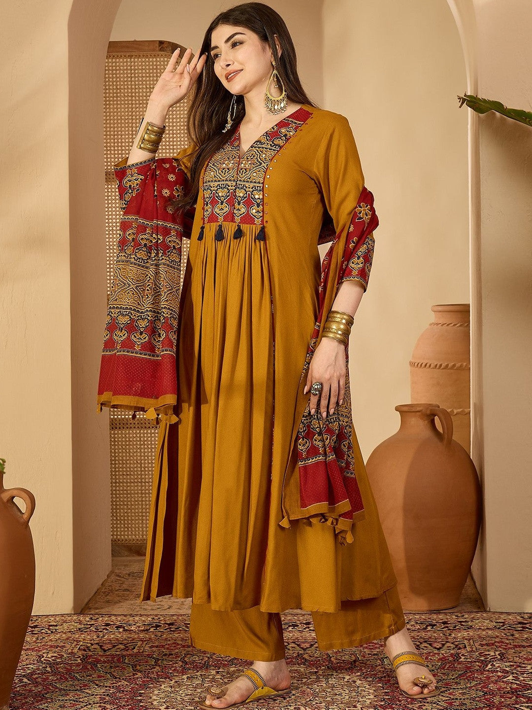 V-Neck Calf Length Kurta & Palazzos With Dupatta