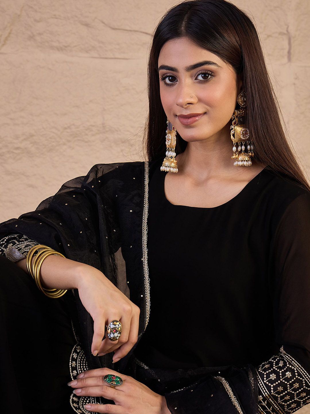 Dhiyona IN Ethnic Motifs Embroidered Straight Sequinned Kurta With Sharara & Dupatta