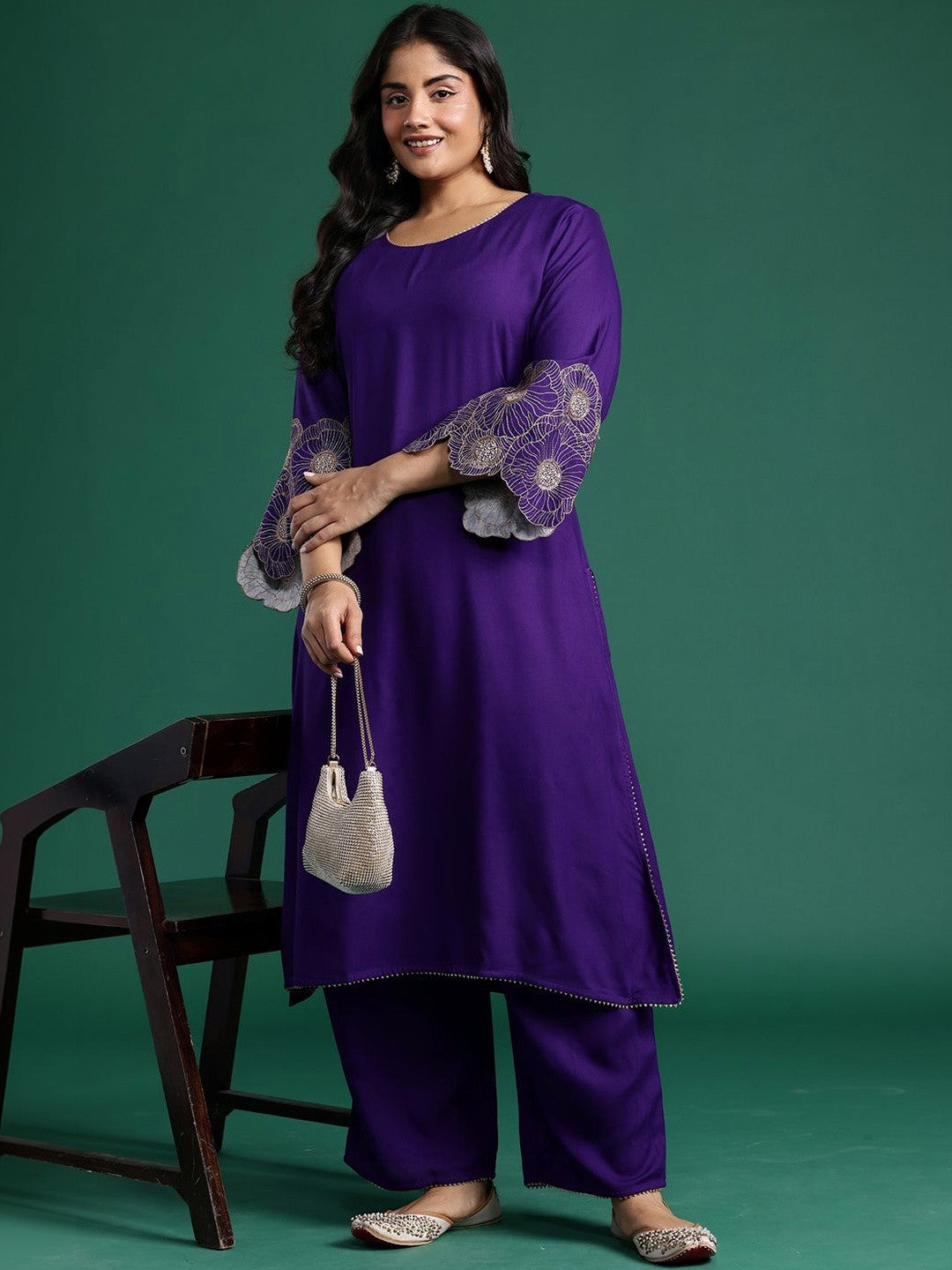 Plus Size Motifs Regular Thread Work Kurta with Trousers