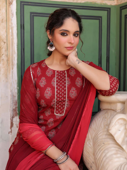 Dhiyona RR Women's Ethnic Motifs Printed Regular Pure Cotton Kurta with Trousers & With Dupatta