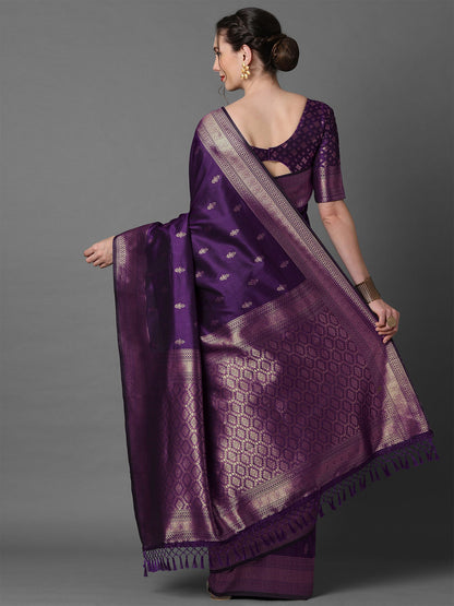 Women's Silk Blend Purple Woven Design Designer Saree With Blouse Piece