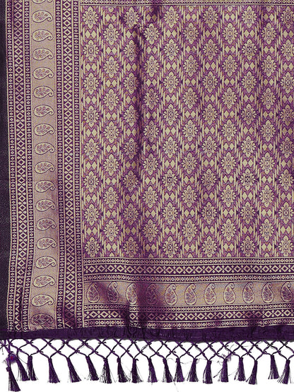 Women's Silk Blend Purple Woven Design Designer Saree With Blouse Piece