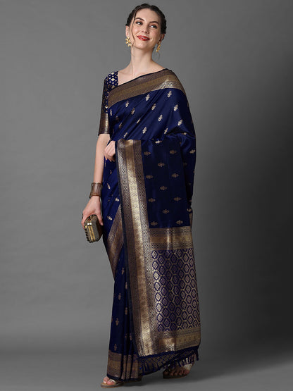 Women's Silk Blend Navy Blue Woven Design Designer Saree With Blouse Piece