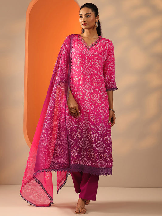 Bandhani Printed V-Neck Sequinned Straight Kurta With Trouser And Dupatta