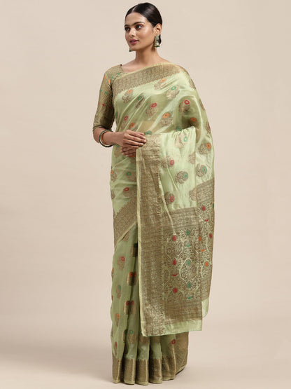 Women's Silk Blend Olive Woven Design Designer Saree With Blouse Piece