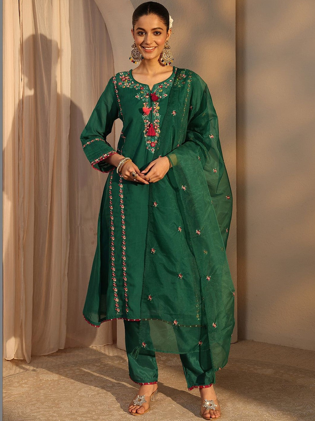 Women Ethnic Motifs Embroidered Regular Chanderi Cotton Kurta with Trousers & With Dupatta