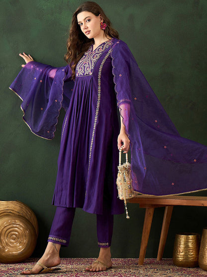 Women Embroidered A-Line Kurta Trousers & Dupatta