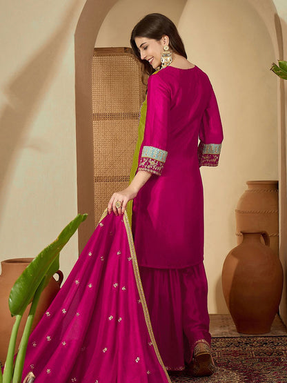 Dhiyona SN Embroidered Round Neck Kurta & Sharara with Dupatta Set