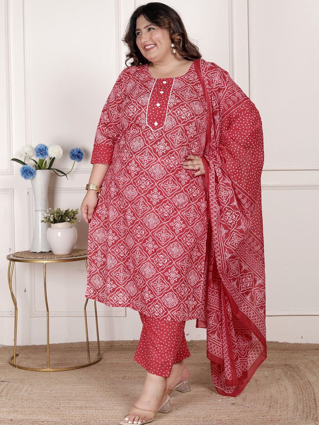 Dhiyona KL Bandhani Print Beads & Stones Pure Cotton Plus Size Kurta with Trousers & Dupatta