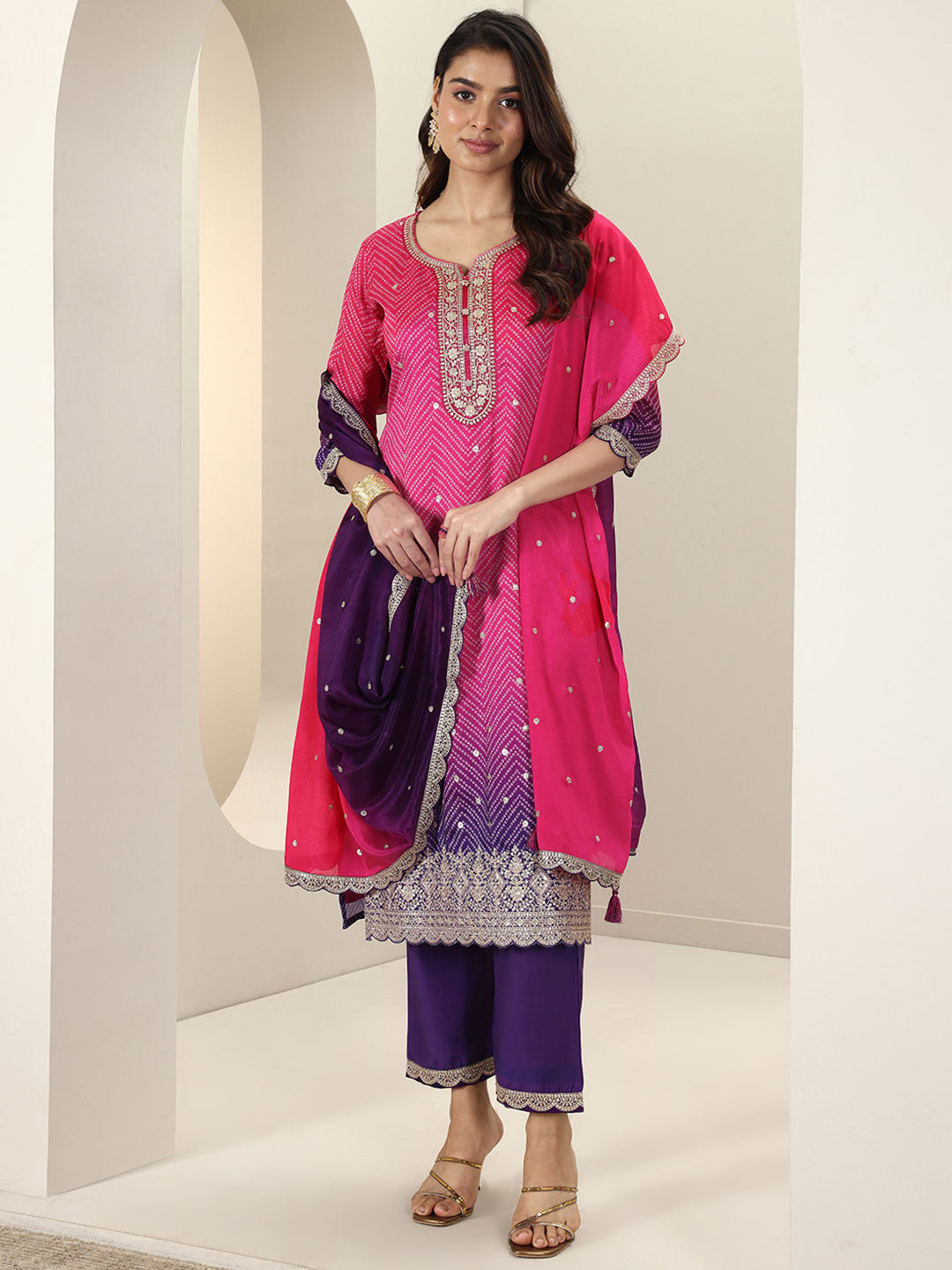 Women Bandhani Printed Regular Zari Work Kurta with Trousers & Dupatta
