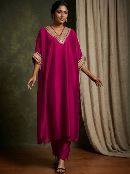Embroidered V-Neck Kurta & Trousers