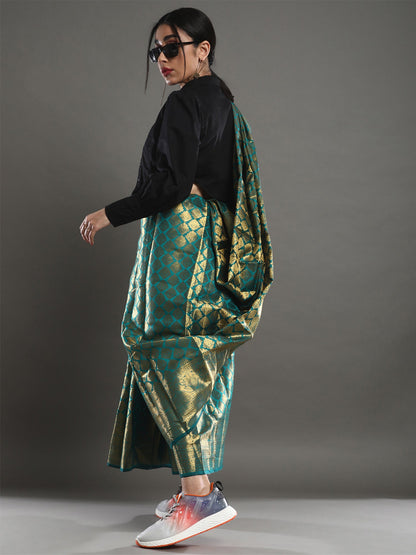 Women's Silk Blend Teal blue Woven Design Designer Saree With Blouse Piece