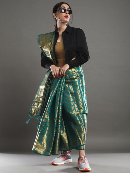 Women's Silk Blend Teal blue Woven Design Designer Saree With Blouse Piece