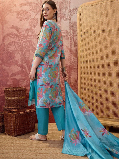 Floral Printed Round Neck Lace Hem Kurta & Trousers With Dupatta