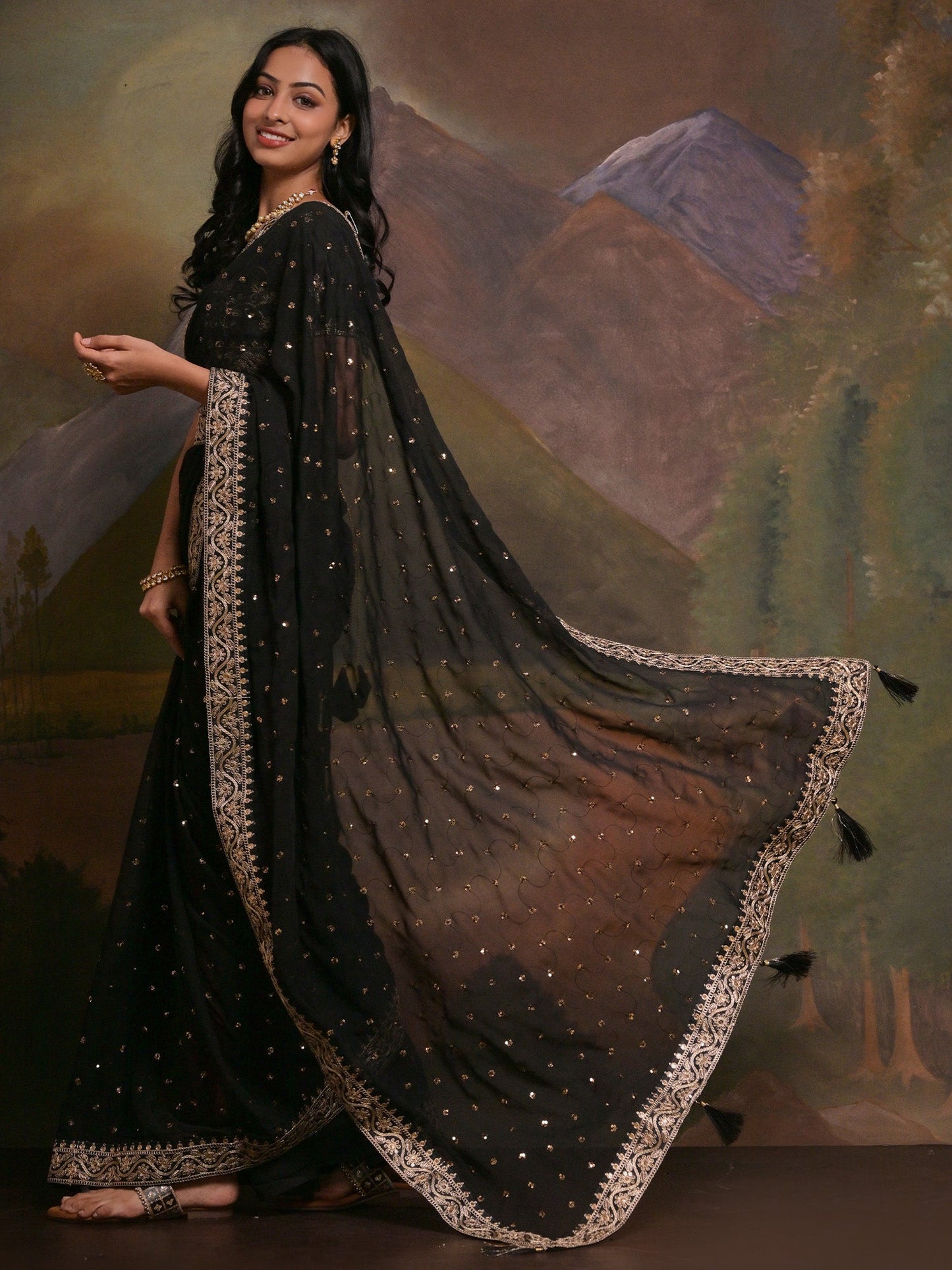 Women's Georgette Black Embellished Designer Saree With Blouse Piece