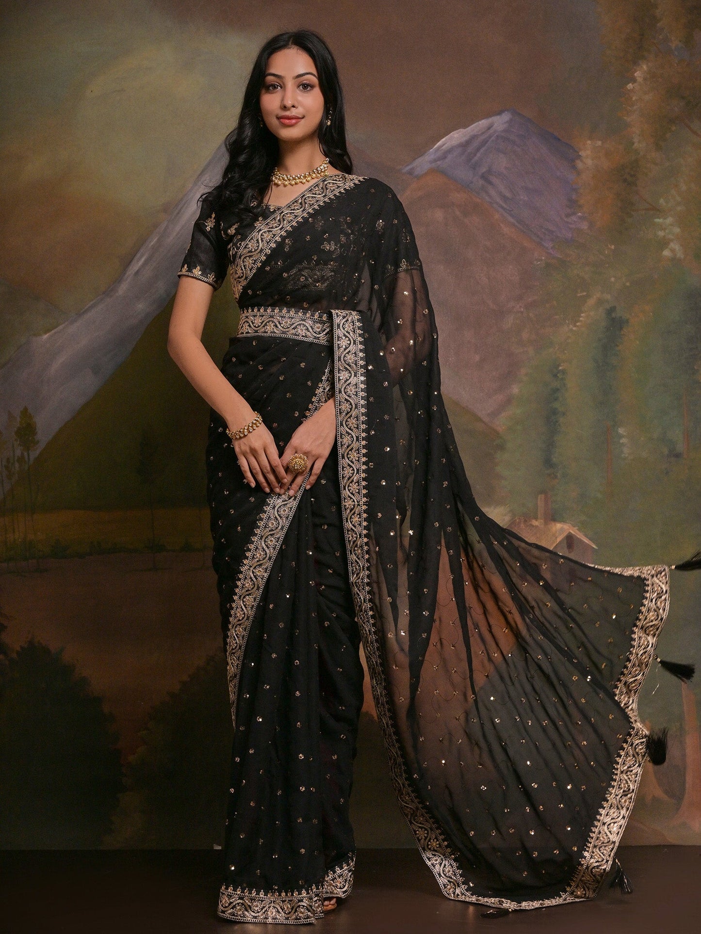 Women's Georgette Black Embellished Designer Saree With Blouse Piece