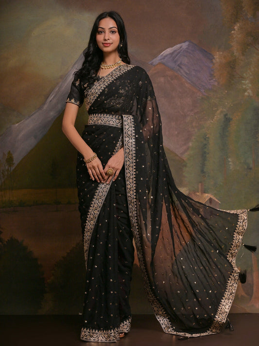 Women's Georgette Black Embellished Designer Saree With Blouse Piece