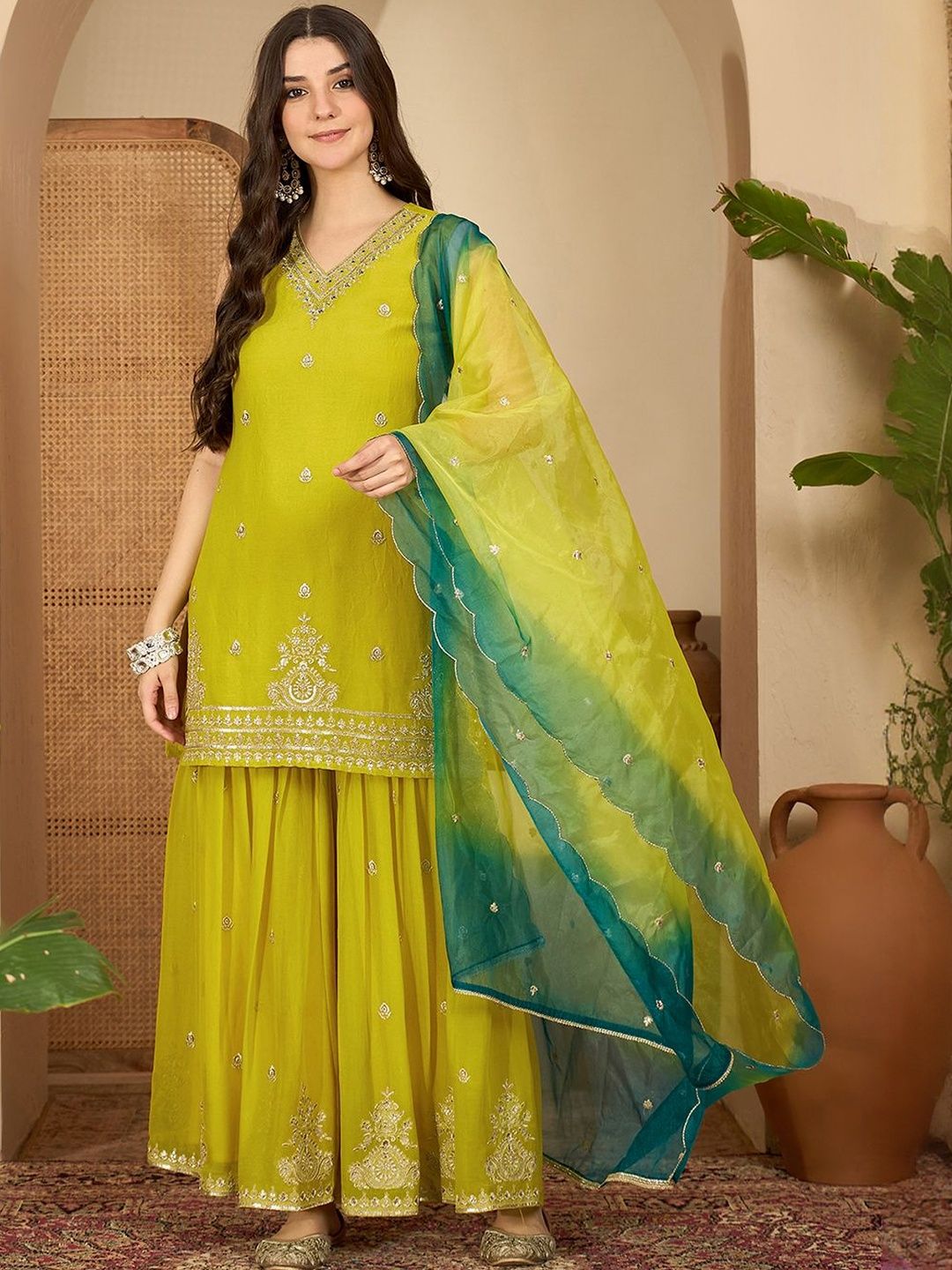 Dhiyona SN Ethnic Motifs Embroidered Zari Kurta with Sharara & Dupatta