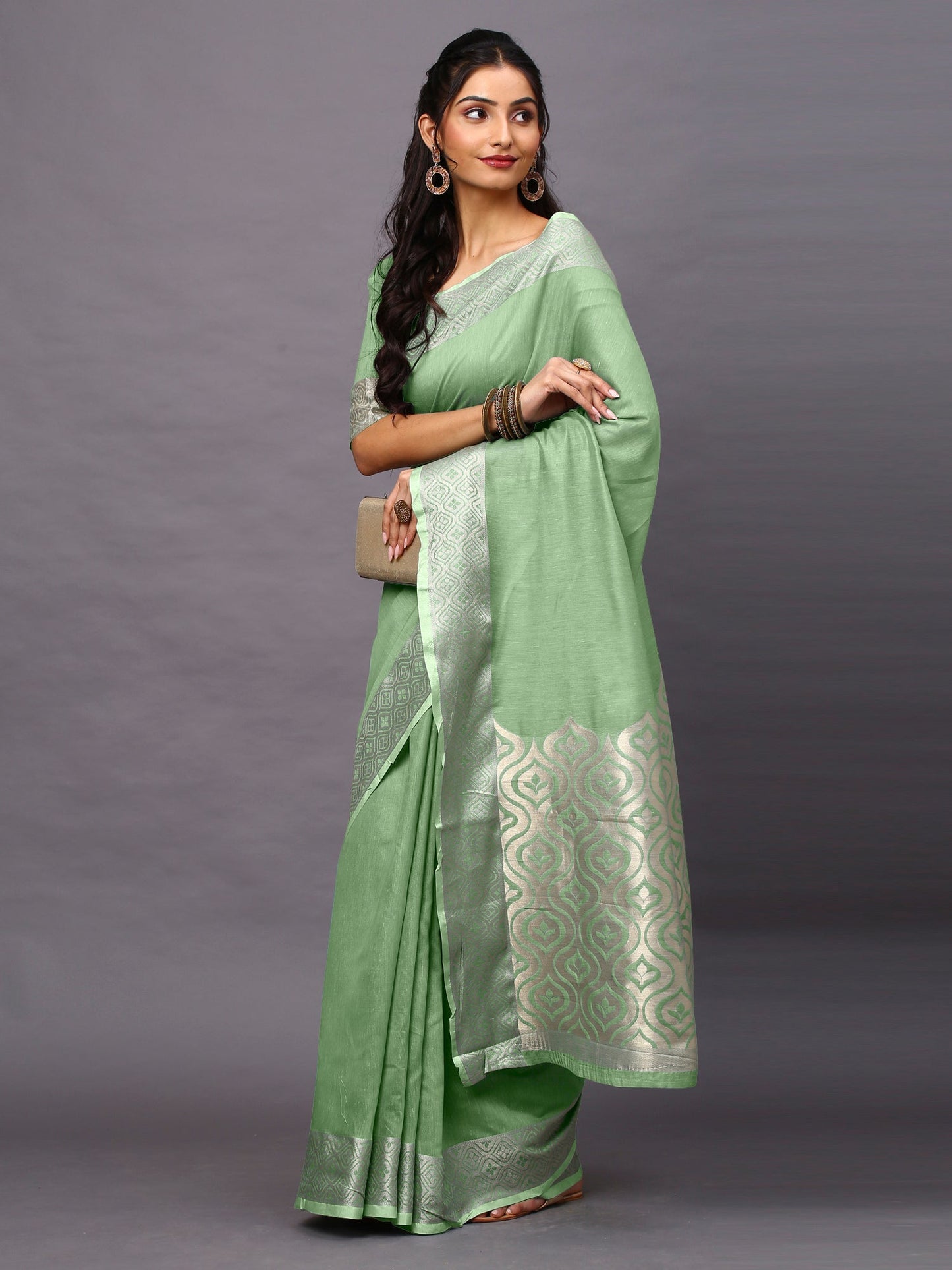 Women's Linen Blend Green Woven Design Designer Saree With Blouse Piece