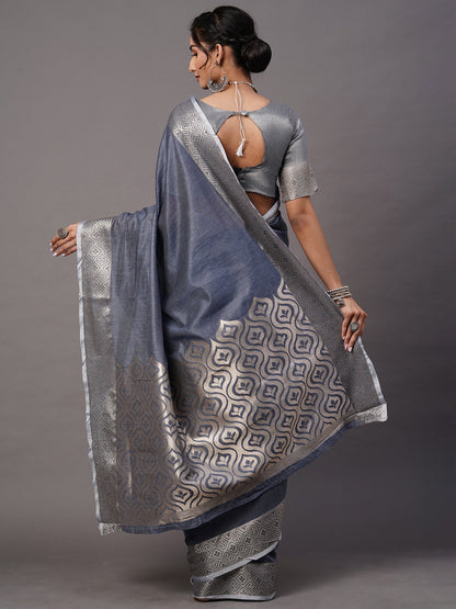 Women's Linen Blend Blue Woven Design Celebrity Saree With Blouse Piece