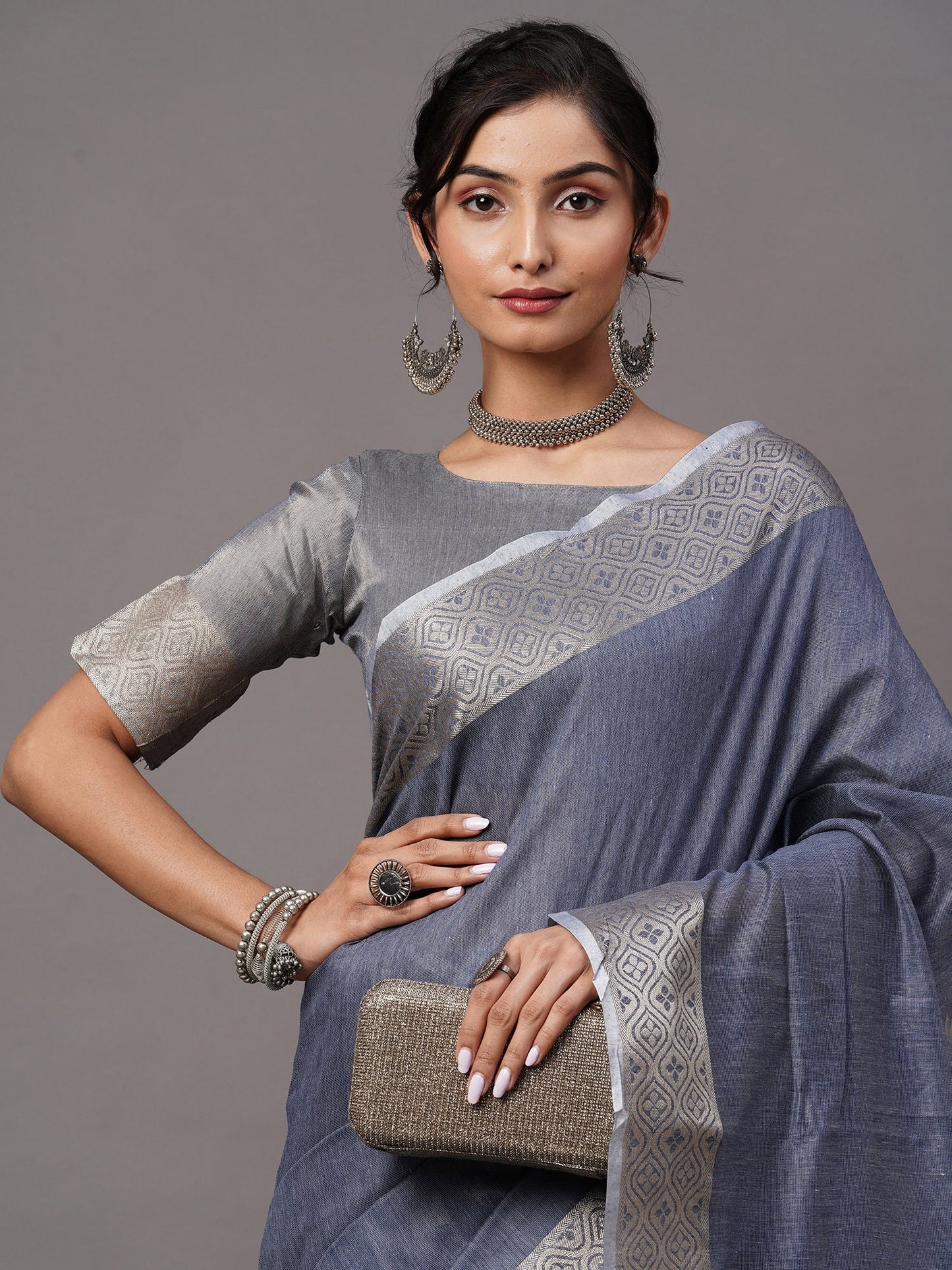 Women's Linen Blend Blue Woven Design Celebrity Saree With Blouse Piece